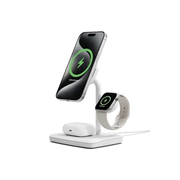 Base di ricarica wireless 3-in-1 Cygnett ChargeBase Qi2.0 per iPhone, AirPods e Apple Watch - Bianco